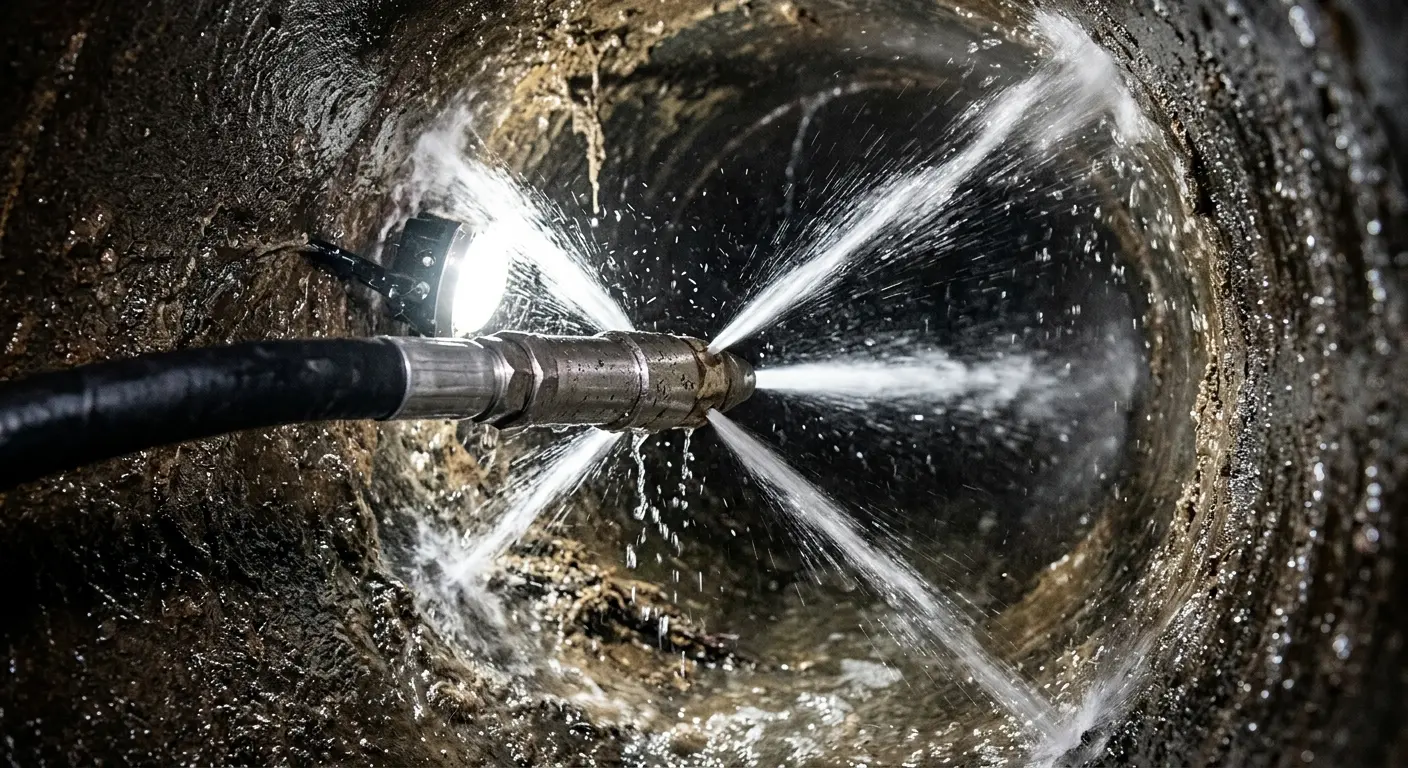 High-pressure hydro jetting nozzle cleaning sewer pipe for Sewer Cleanout in Lawrence