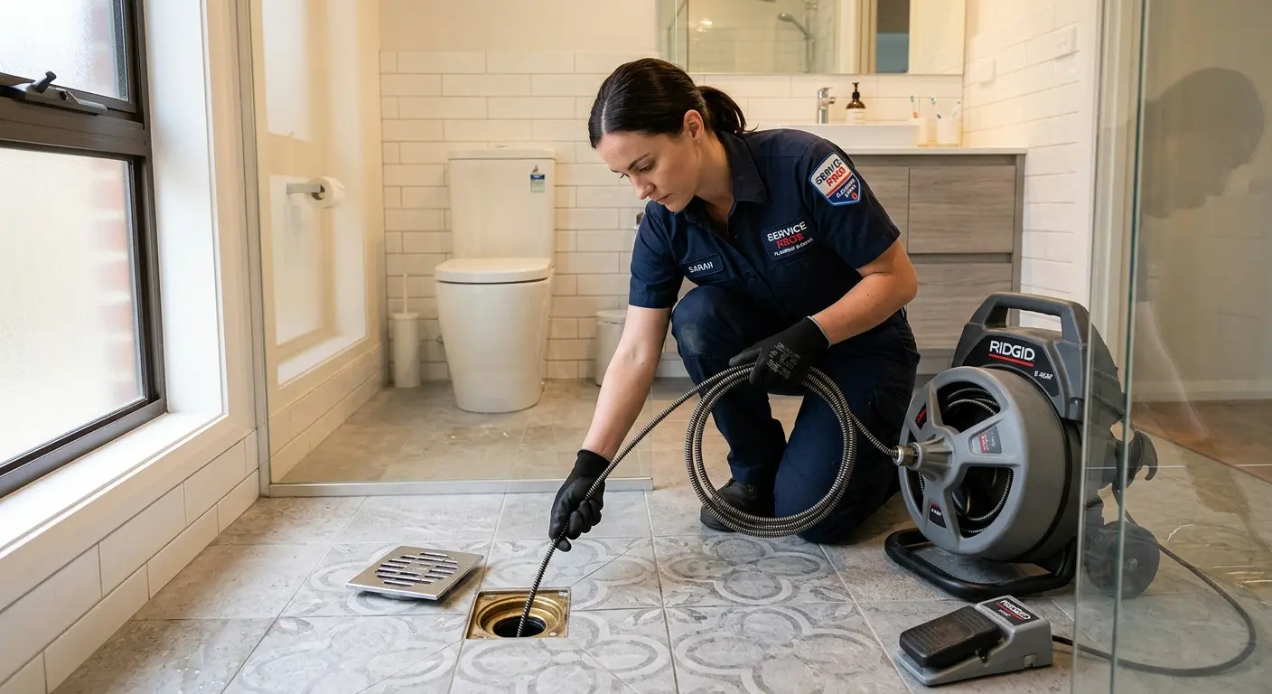 Technician clearing a bathroom floor drain for Sewer Line Installation in Lawrence